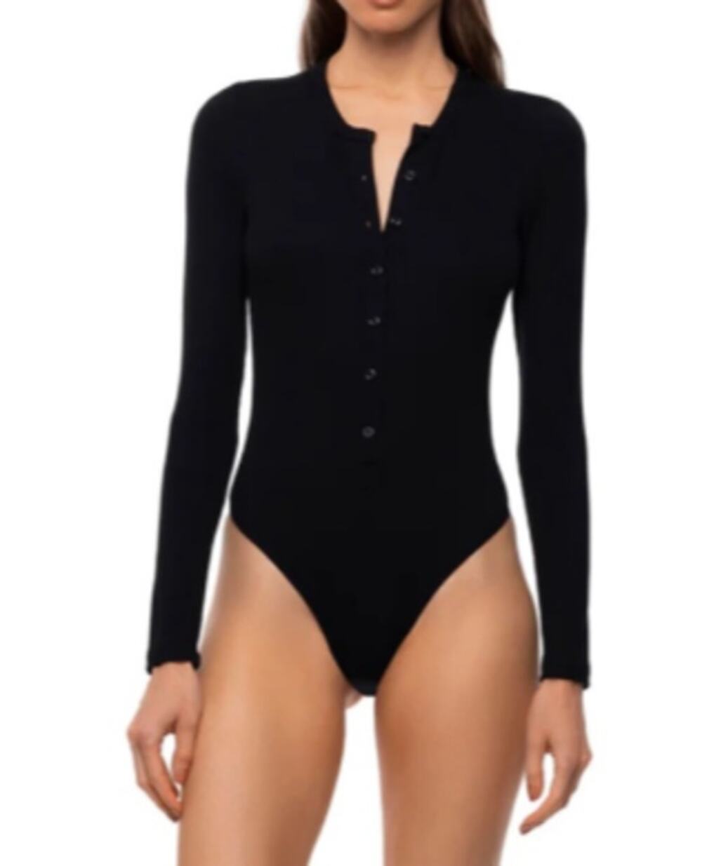 Betro Simone Henley Long Sleeve Bodysuit Black Ribbed Long Sleeve Size Medium